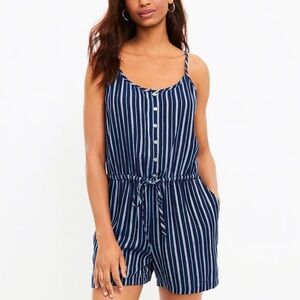 Loft XL Linen Blend Blue Striped Romper Boho Summer Coastal Resortwear
